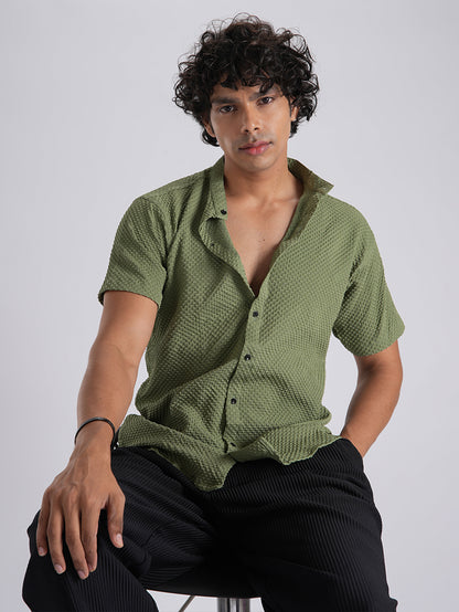 Redolent Dark Olive Green Imported Stylish Texured Half Sleeve Shirt