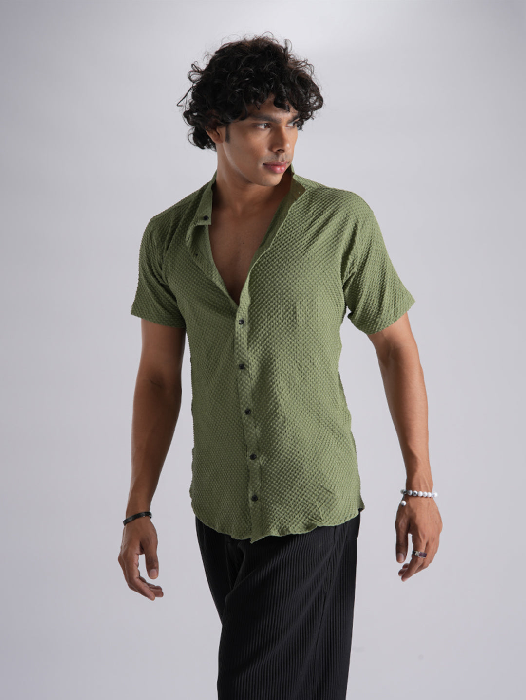 Redolent Dark Olive Green Imported Stylish Texured Half Sleeve Shirt