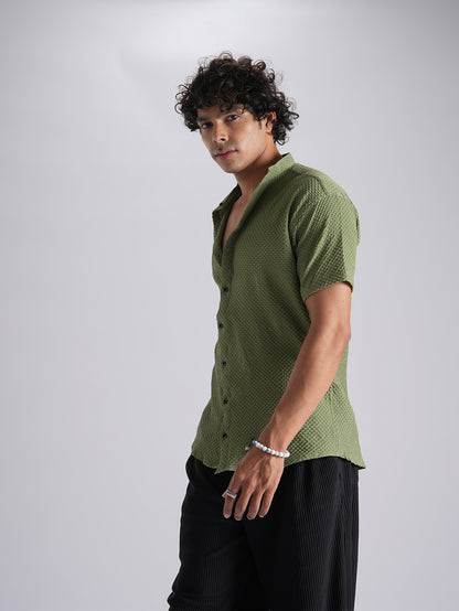 Redolent Dark Olive Green Imported Stylish Texured Half Sleeve Shirt