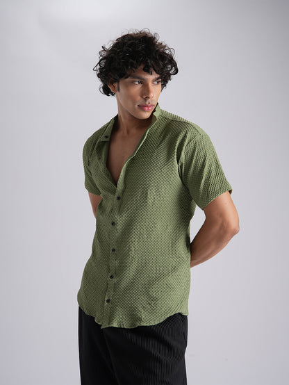 Redolent Dark Olive Green Imported Stylish Texured Half Sleeve Shirt