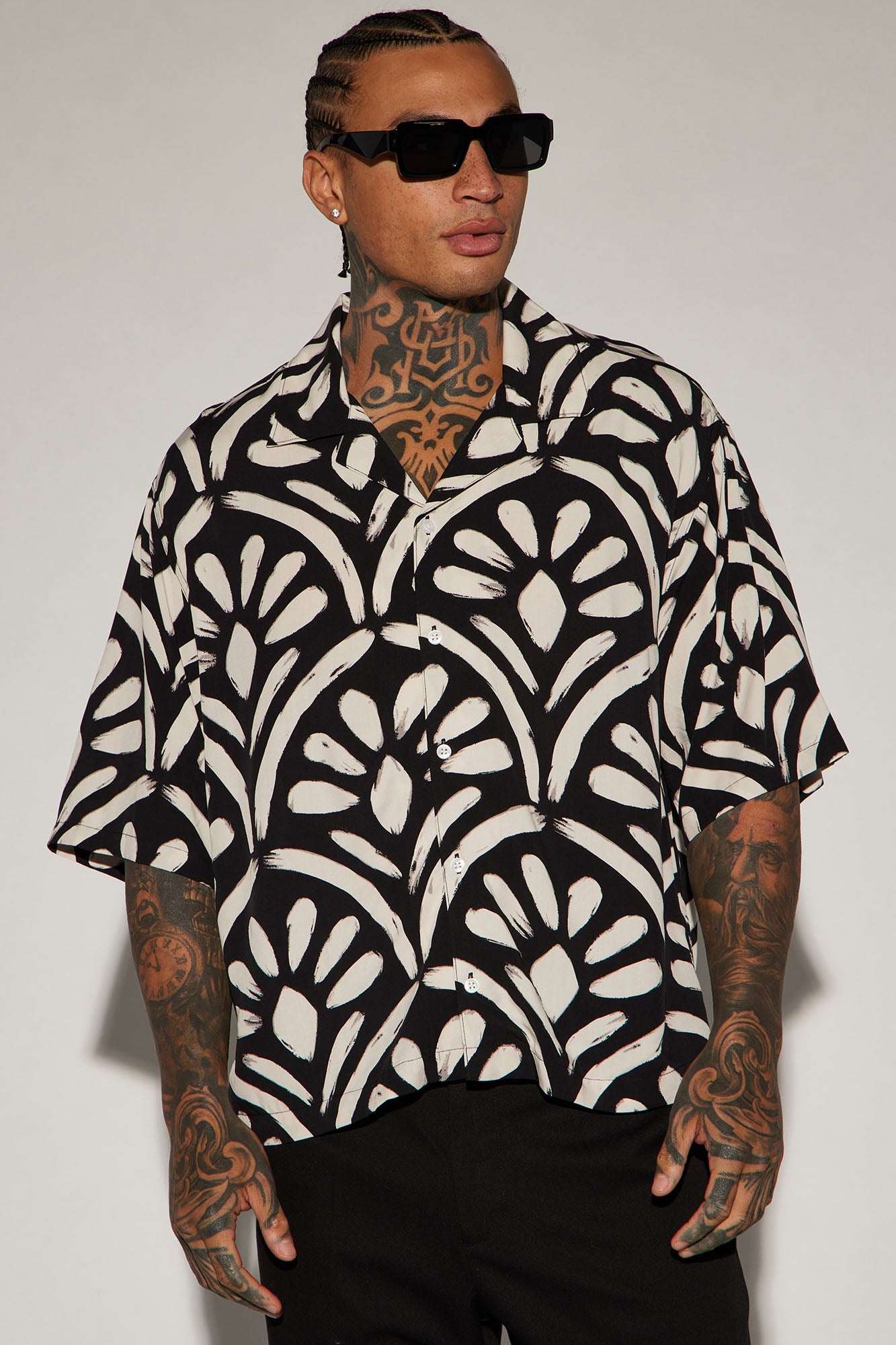 Black Digital Print Cotton Oversize Shirt (Drop Shoulder)