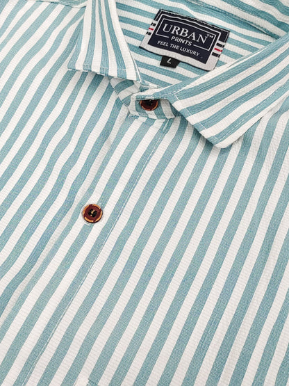 Light Green Lining Print Seersucker Full Sleeve Shirt