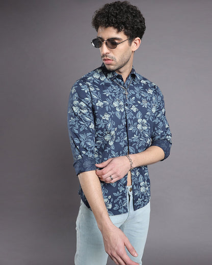 Dark Grey Floral Print Cotton Full Sleeve Shirt