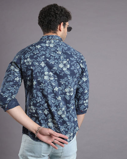 Dark Grey Floral Print Cotton Full Sleeve Shirt