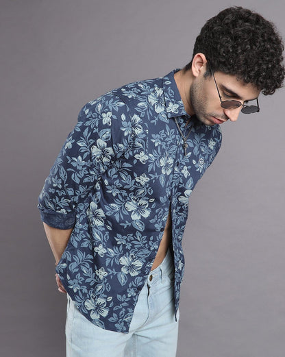 Dark Grey Floral Print Cotton Full Sleeve Shirt