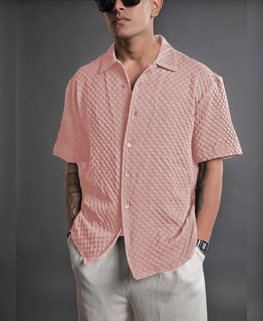 Light Pink Imported Stylish Texured Half Sleeve Shirt