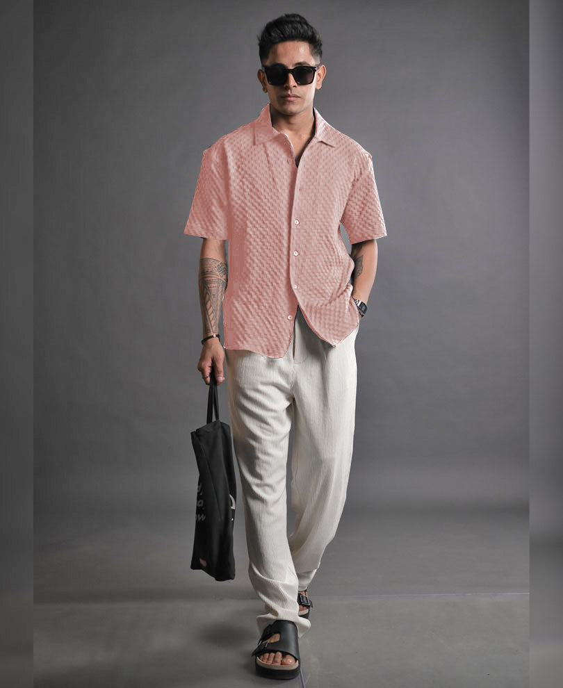 Light Pink Imported Stylish Texured Half Sleeve Shirt