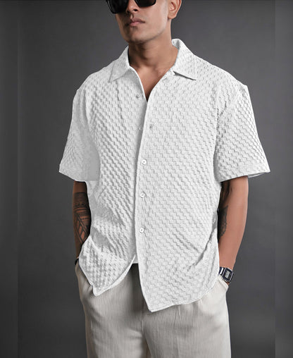 Milky White Imported Stylish Texured Half Sleeve Shirt