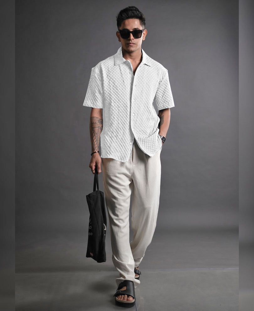 Milky White Imported Stylish Texured Half Sleeve Shirt