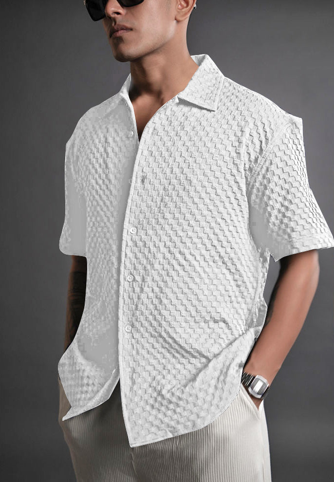 Milky White Imported Stylish Texured Half Sleeve Shirt