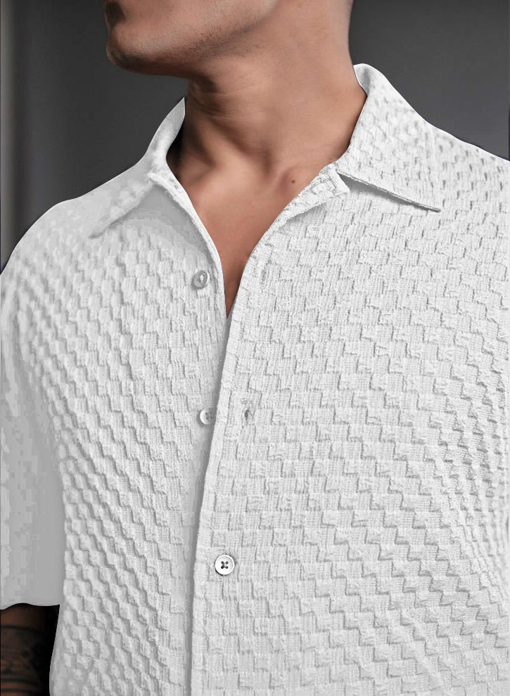 Milky White Imported Stylish Texured Half Sleeve Shirt