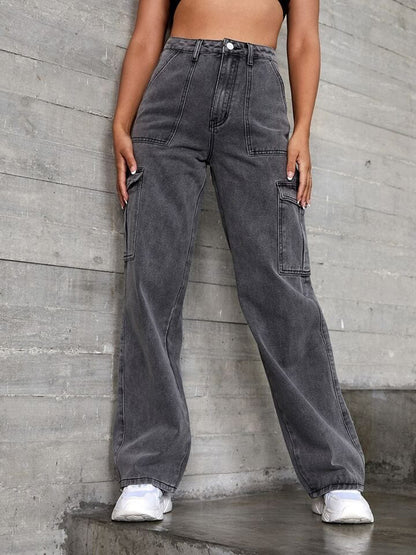 GETCHI Grey Cargo Fale Pocket Jeans for Women