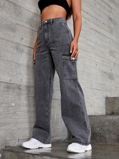 GETCHI Grey Cargo Fale Pocket Jeans for Women