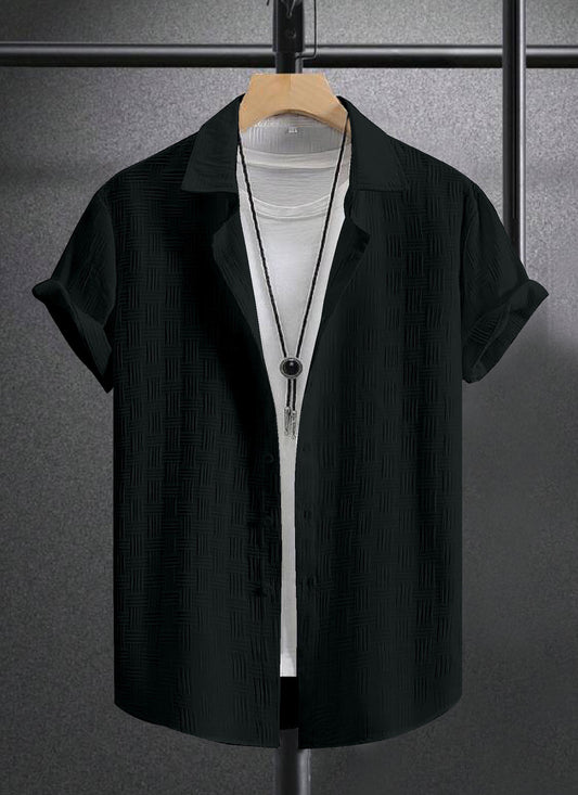 Demanding Black Textured Regular Fit Half Sleeve Shirt