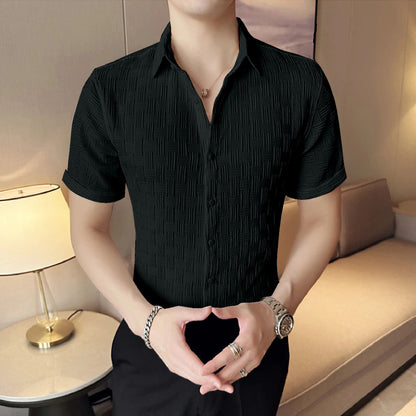 Demanding Black Textured Regular Fit Half Sleeve Shirt