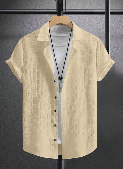 Dark Ivory Textured Regular Fit Half Sleeve Shirt