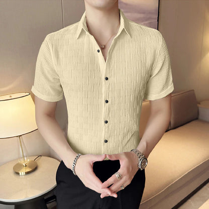 Dark Ivory Textured Regular Fit Half Sleeve Shirt