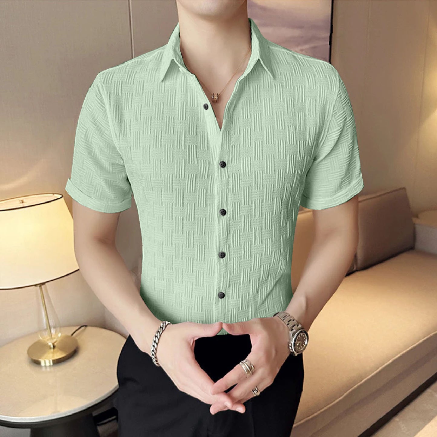 Snazzy pistachio Textured Regular Fit Half Sleeve Shirt