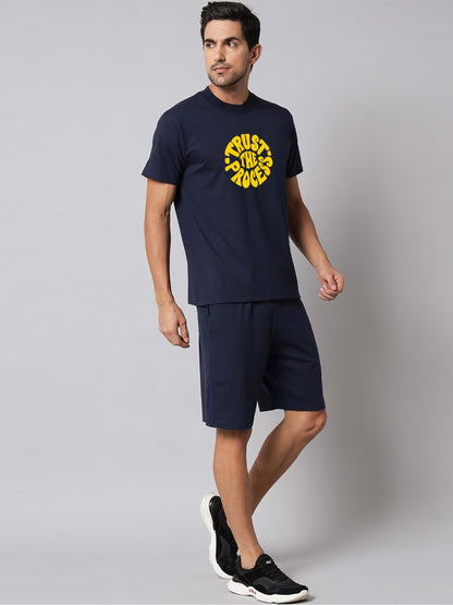 Navy Blue Cotton Printed Co-Ord Set for Men