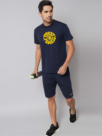 Navy Blue Cotton Printed Co-Ord Set for Men