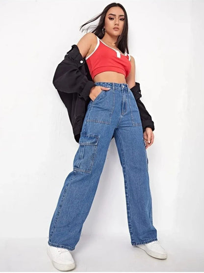 Women Flap Pocket Cargo Jeans