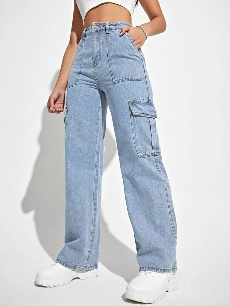 Women Flap Pocket Cargo Jeans