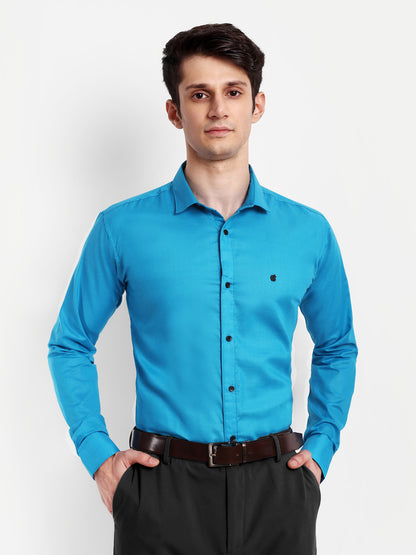 Blue Cotton Blend Solid Shirt