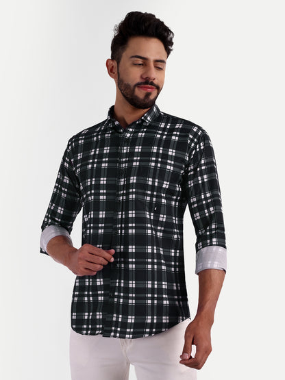 Black Cotton Blend Checks Shirt