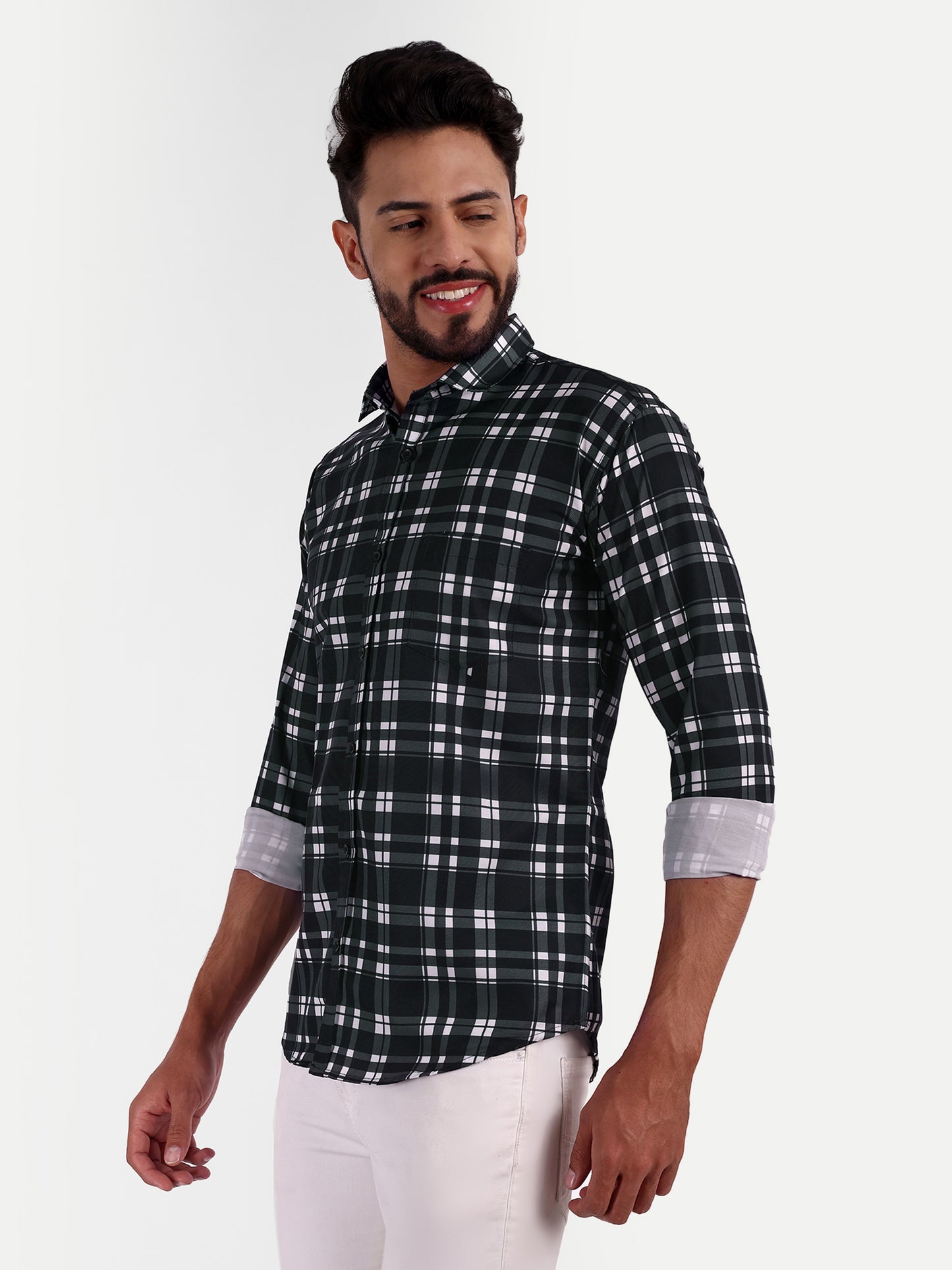 Black Cotton Blend Checks Shirt