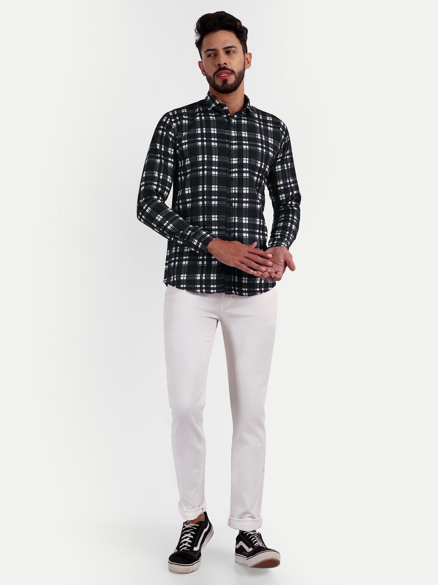 Black Cotton Blend Checks Shirt