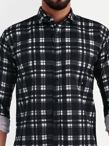 Black Cotton Blend Checks Shirt