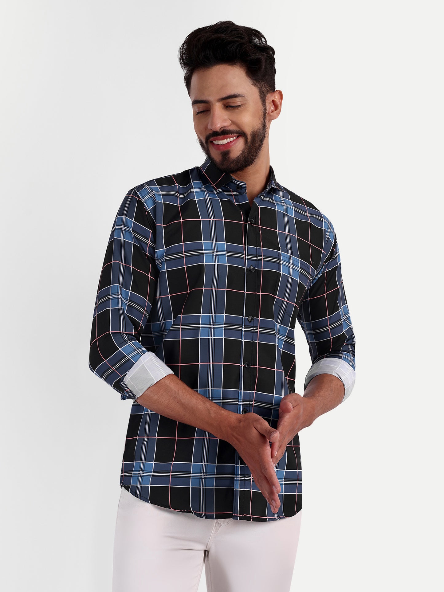 Blue Cotton Blend Checks Shirt