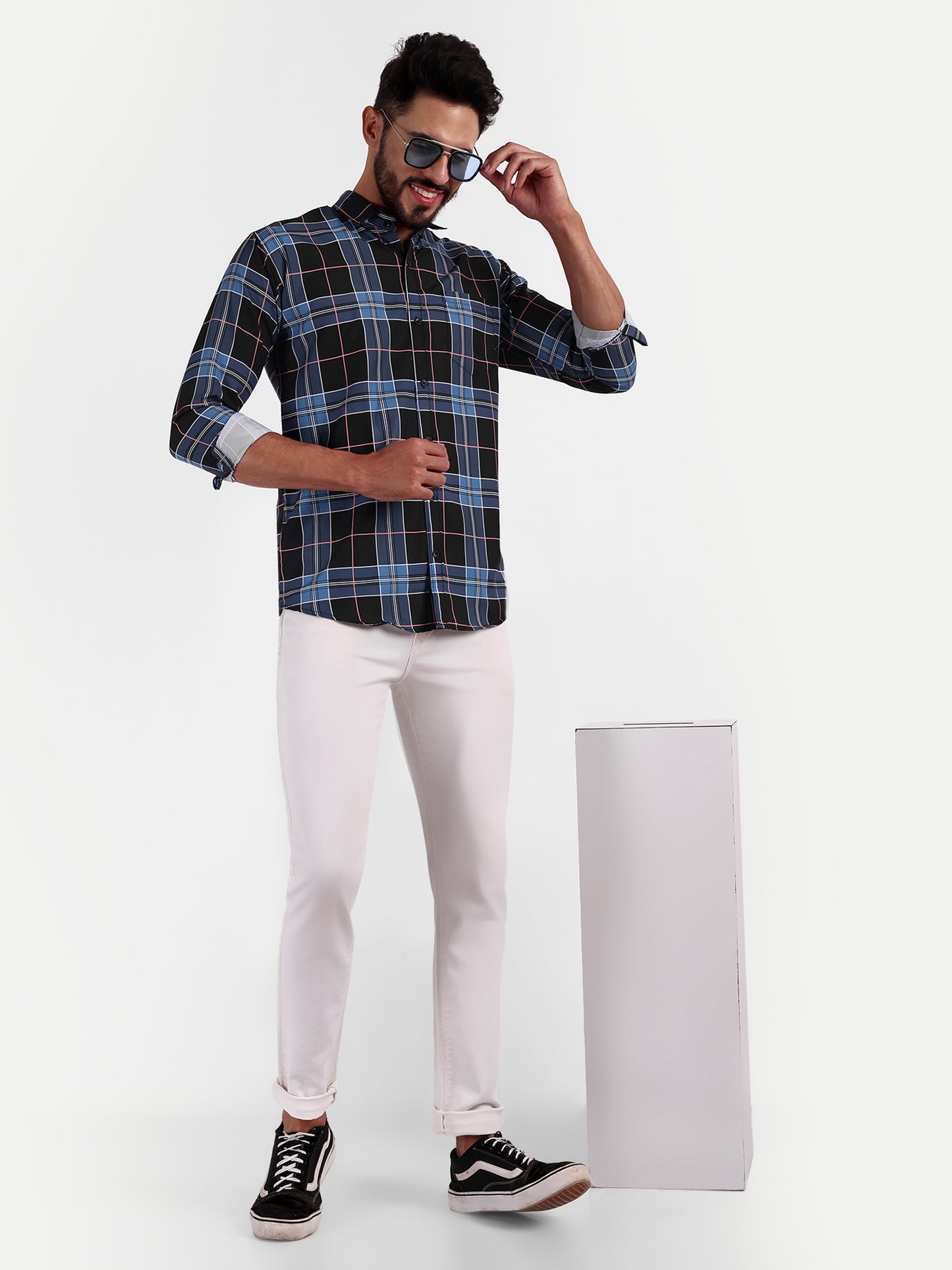 Blue Cotton Blend Checks Shirt