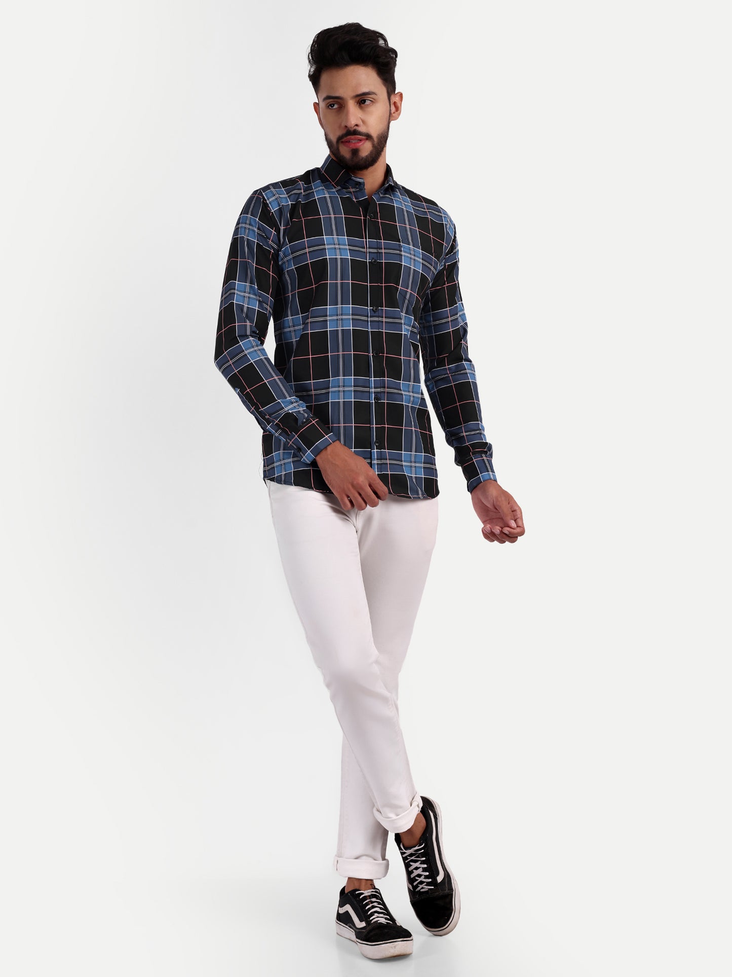 Blue Cotton Blend Checks Shirt