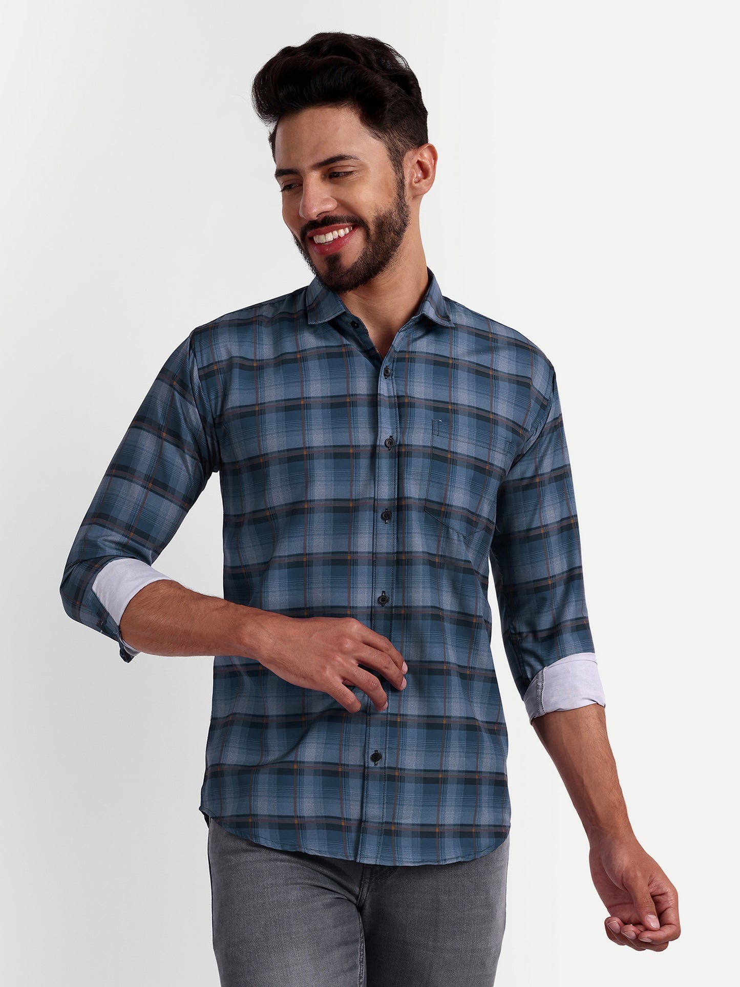 Blue Cotton Blend Checks Shirt