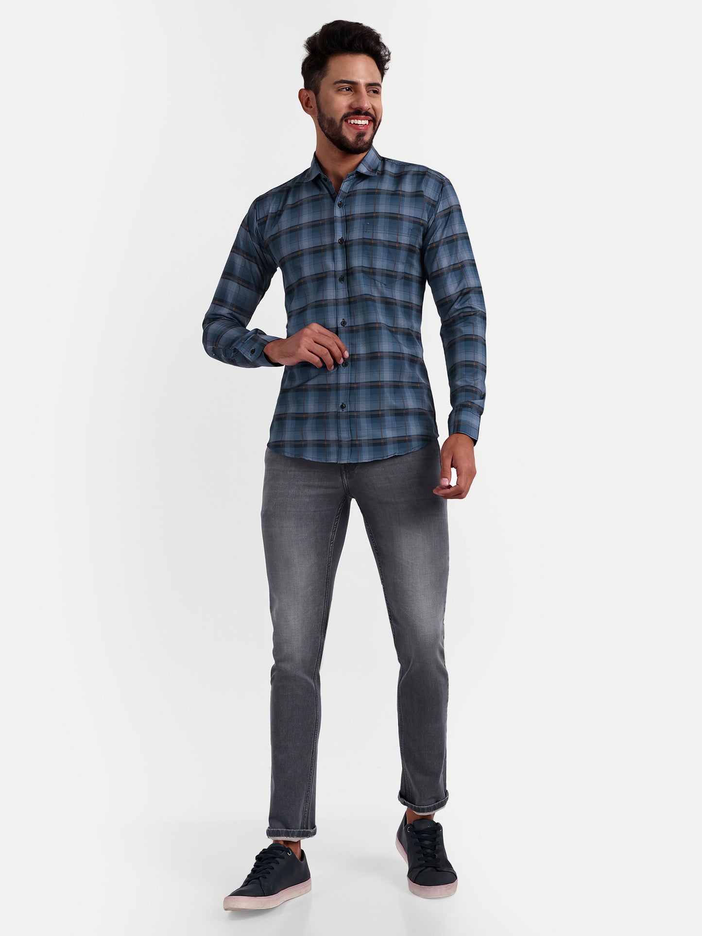 Blue Cotton Blend Checks Shirt