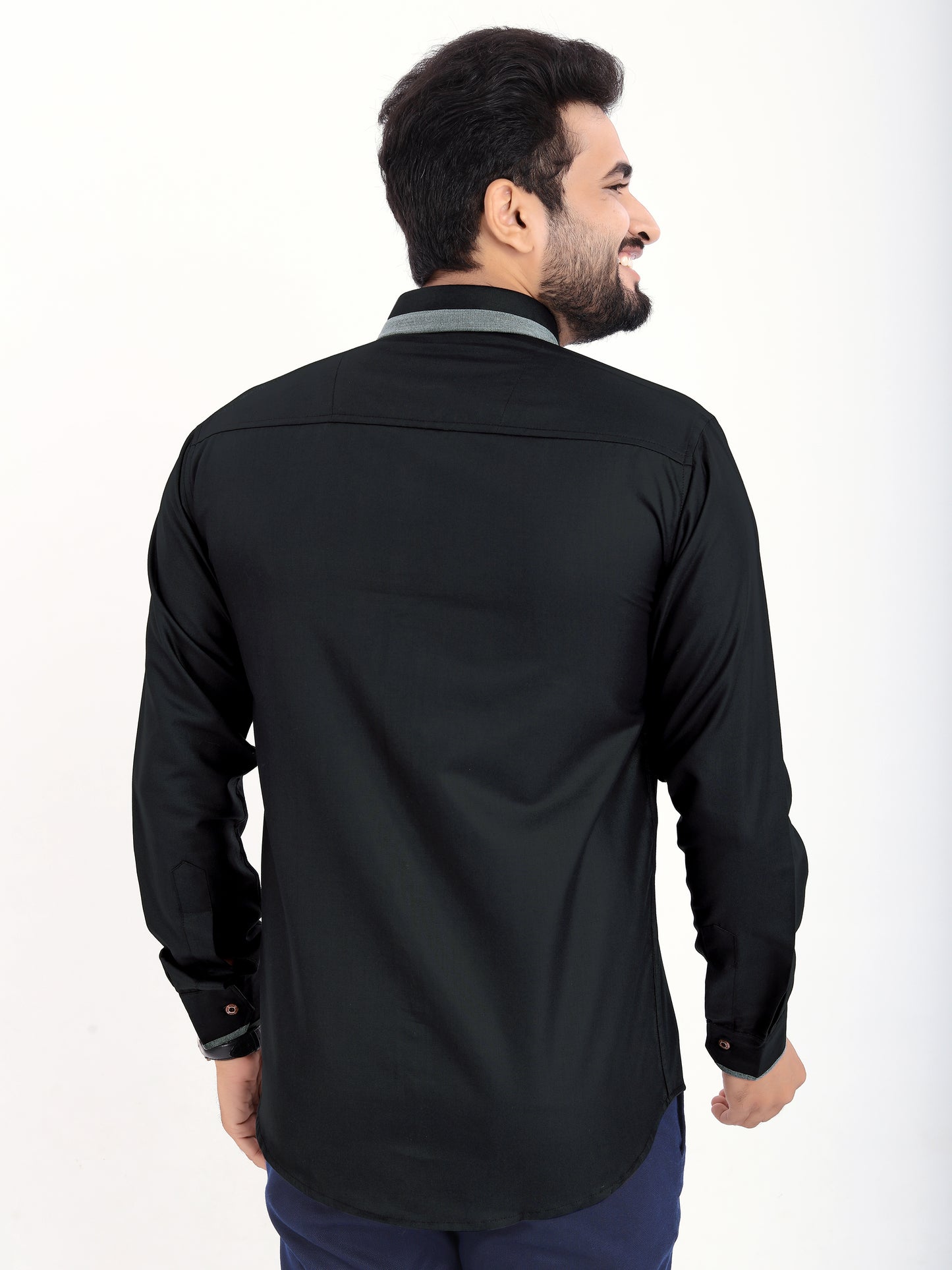 Black Viscose Rayon Solid Pasting Collar Shirt