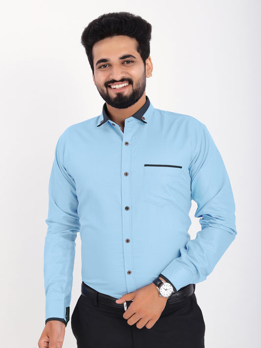 Light Blue Viscose Rayon Solid Pasting Collar Shirt