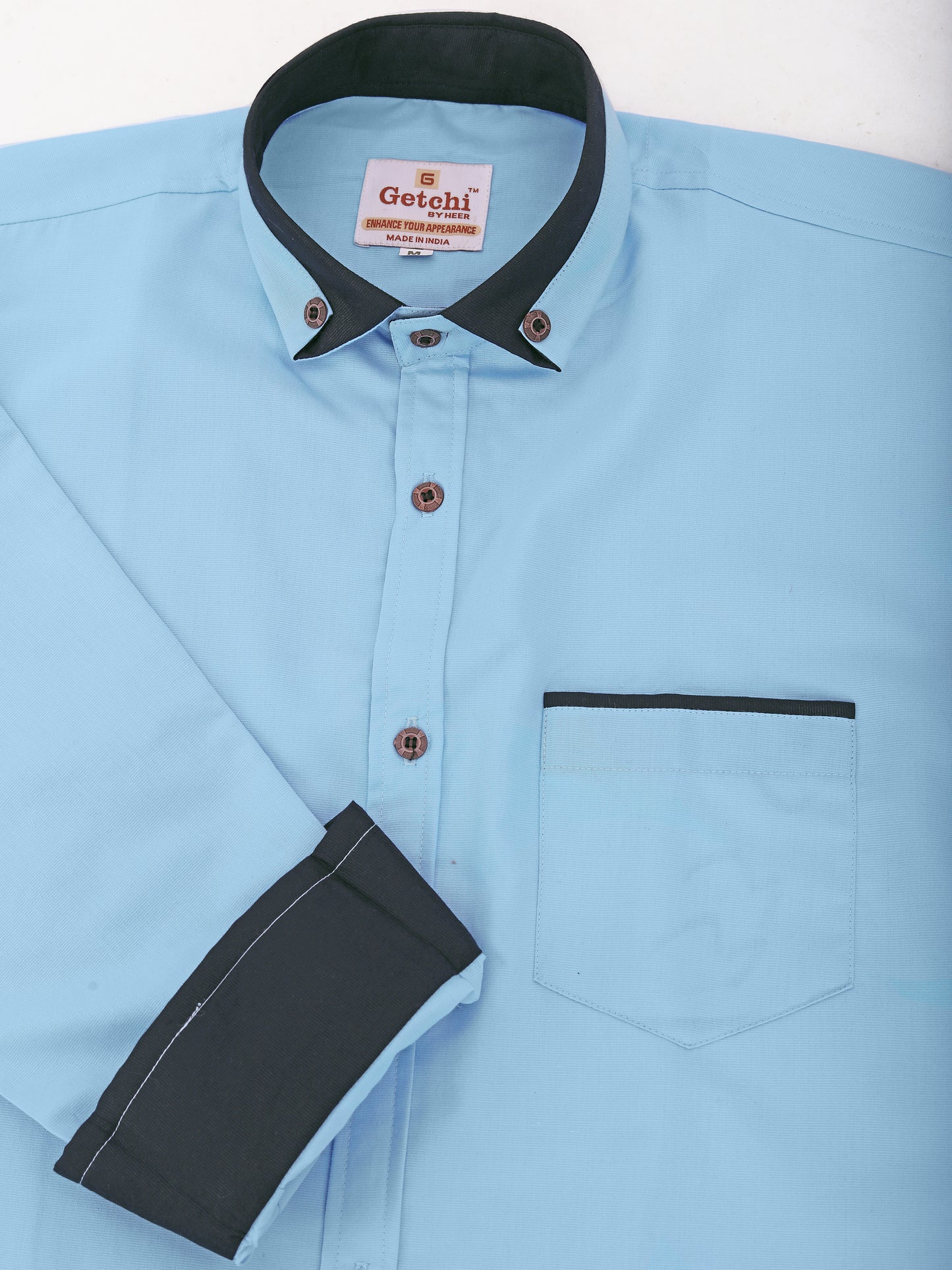 Light Blue Viscose Rayon Solid Pasting Collar Shirt