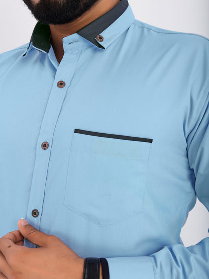 Light Blue Viscose Rayon Solid Pasting Collar Shirt