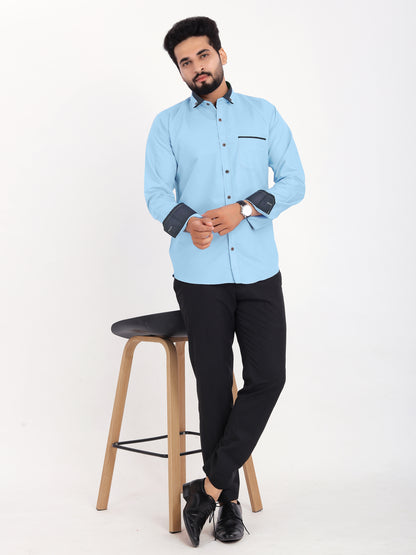 Light Blue Viscose Rayon Solid Pasting Collar Shirt