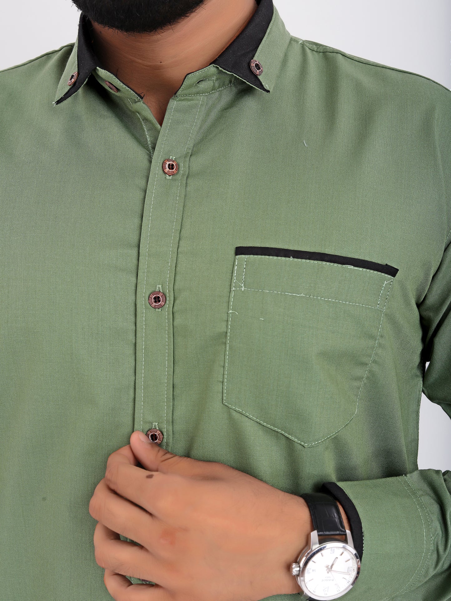 Green Viscose Rayon Solid Pasting Collar Shirt