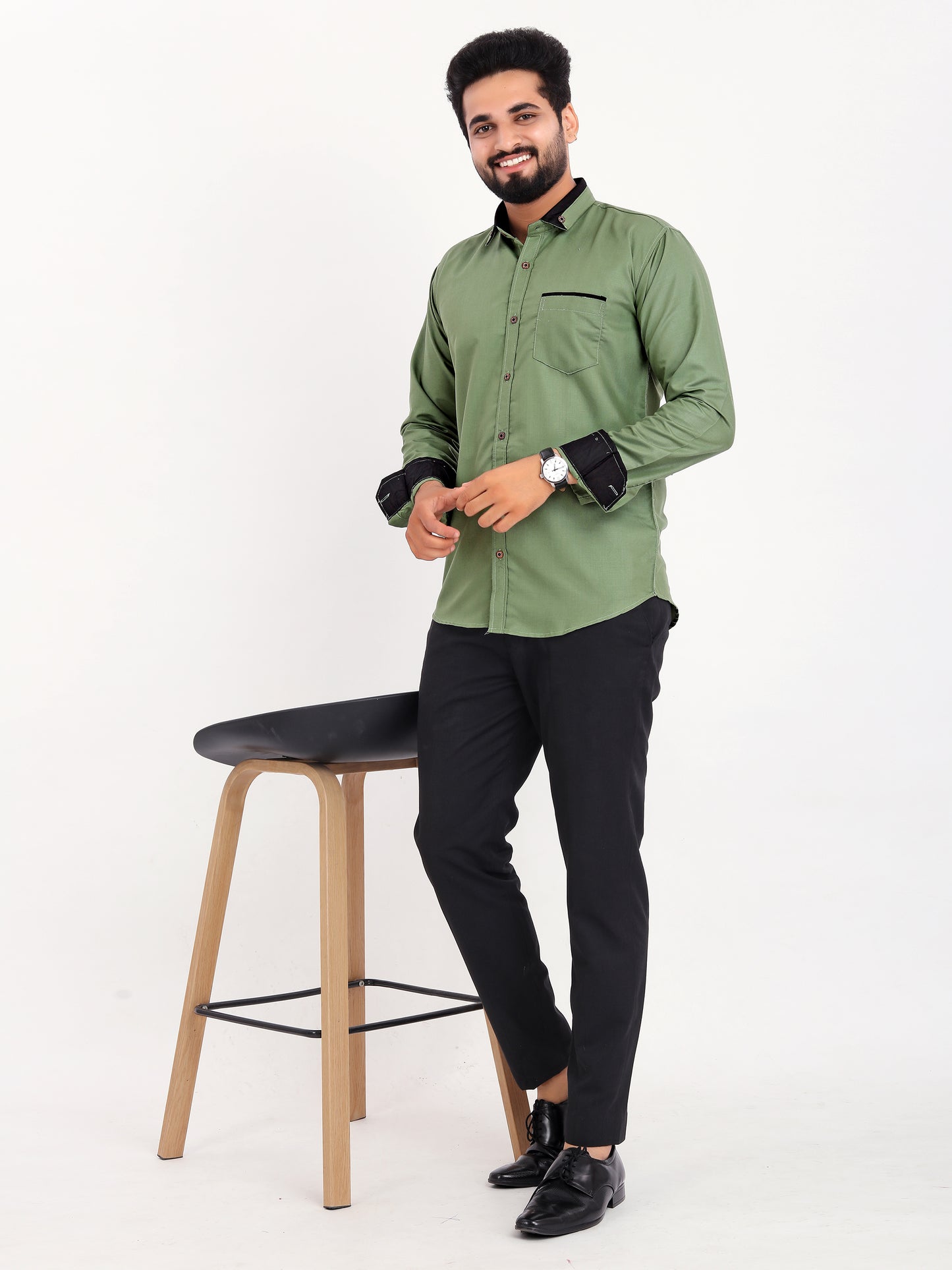 Green Viscose Rayon Solid Pasting Collar Shirt