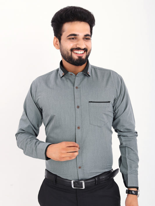 Grey Viscose Rayon Solid Pasting Collar Shirt