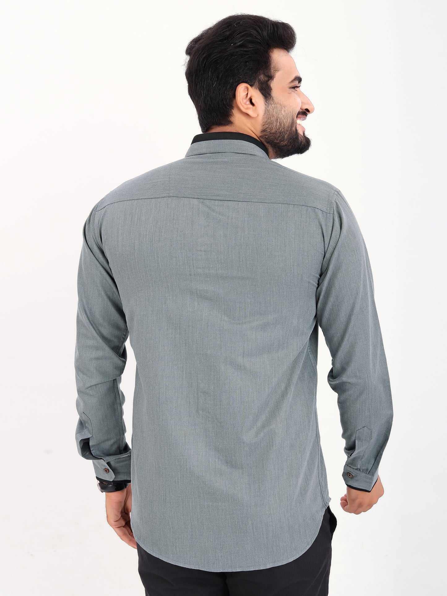 Grey Viscose Rayon Solid Pasting Collar Shirt