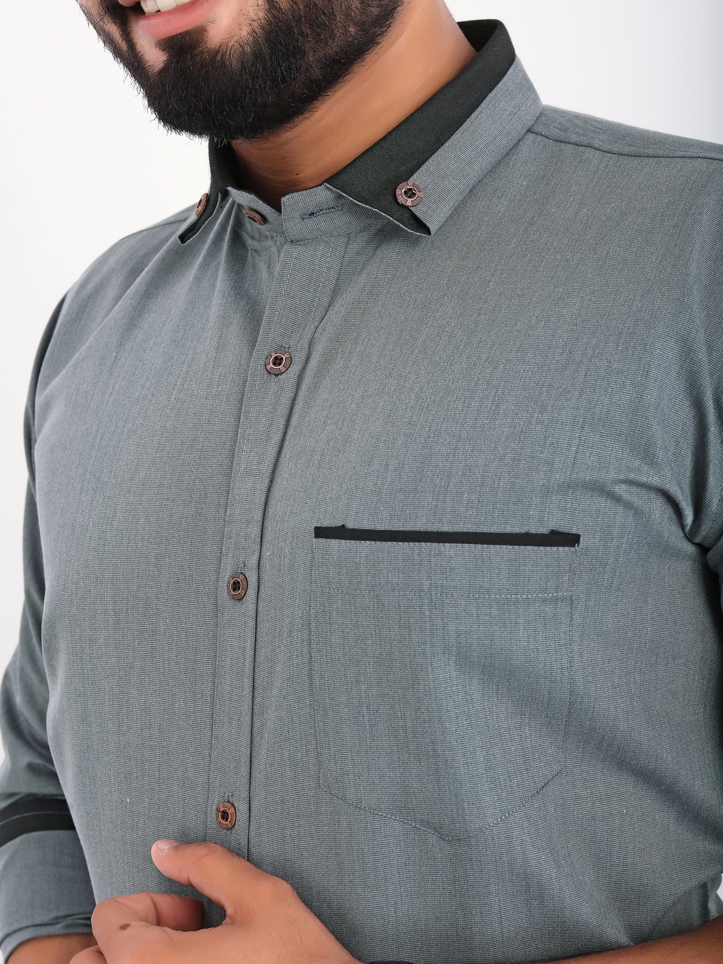 Grey Viscose Rayon Solid Pasting Collar Shirt