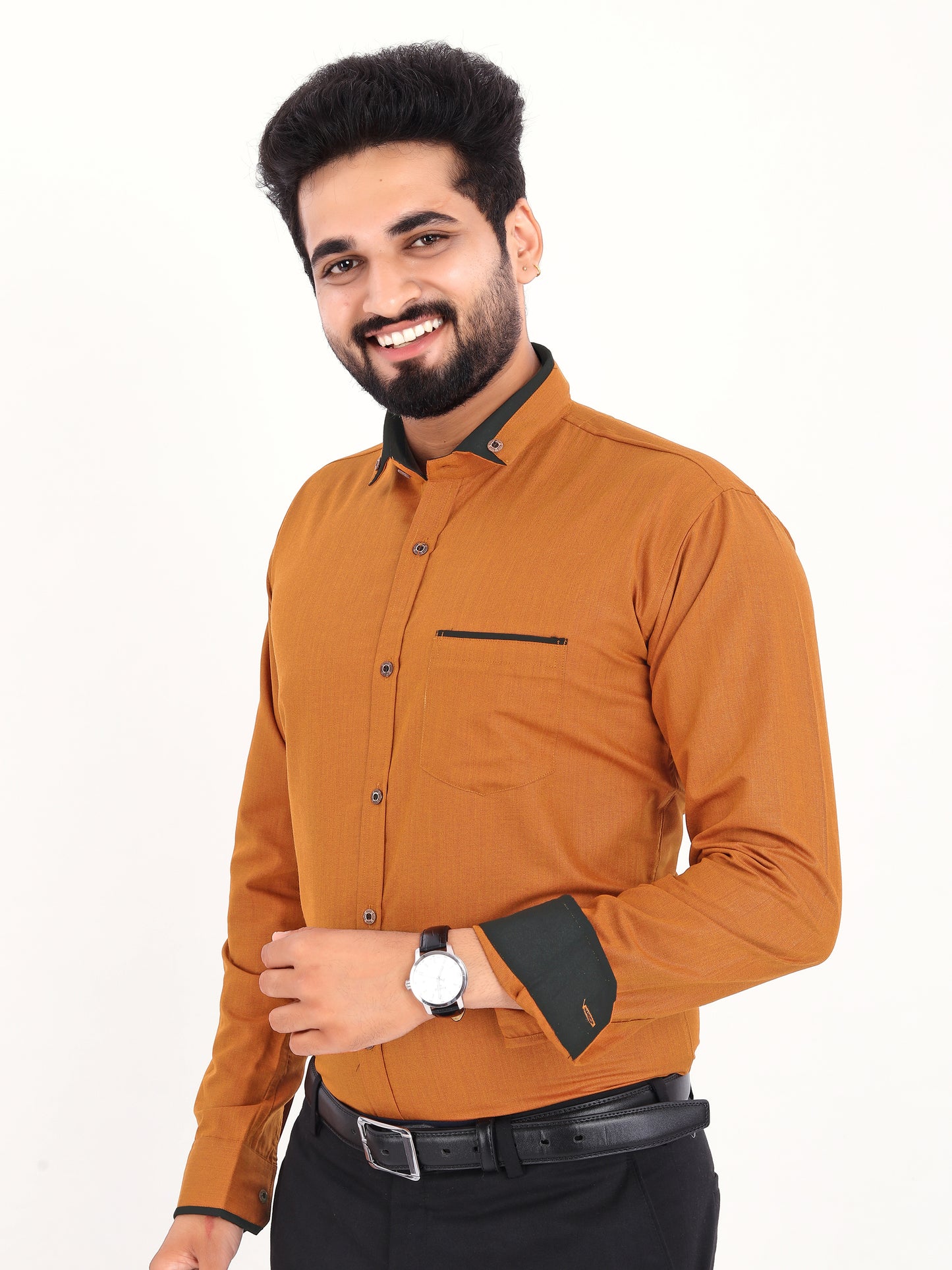 Orange Viscose Rayon Solid Pasting Collar Shirt