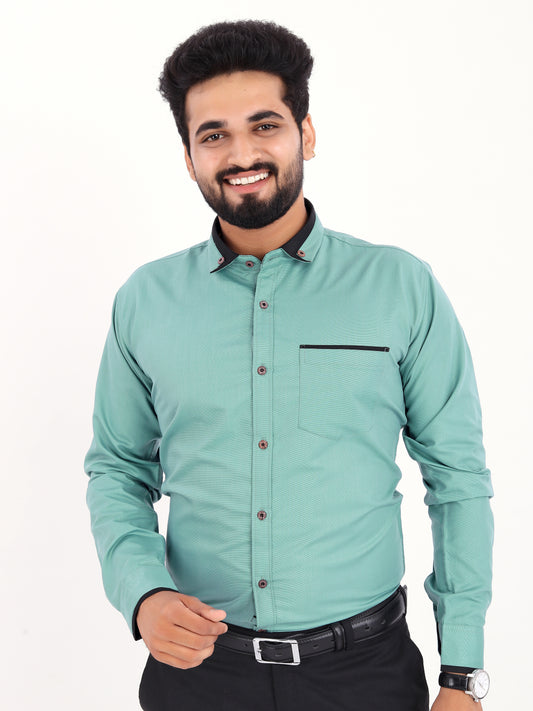 Sea Green Viscose Rayon Solid Pasting Collar Shirt