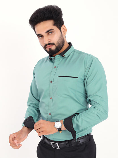 Sea Green Viscose Rayon Solid Pasting Collar Shirt