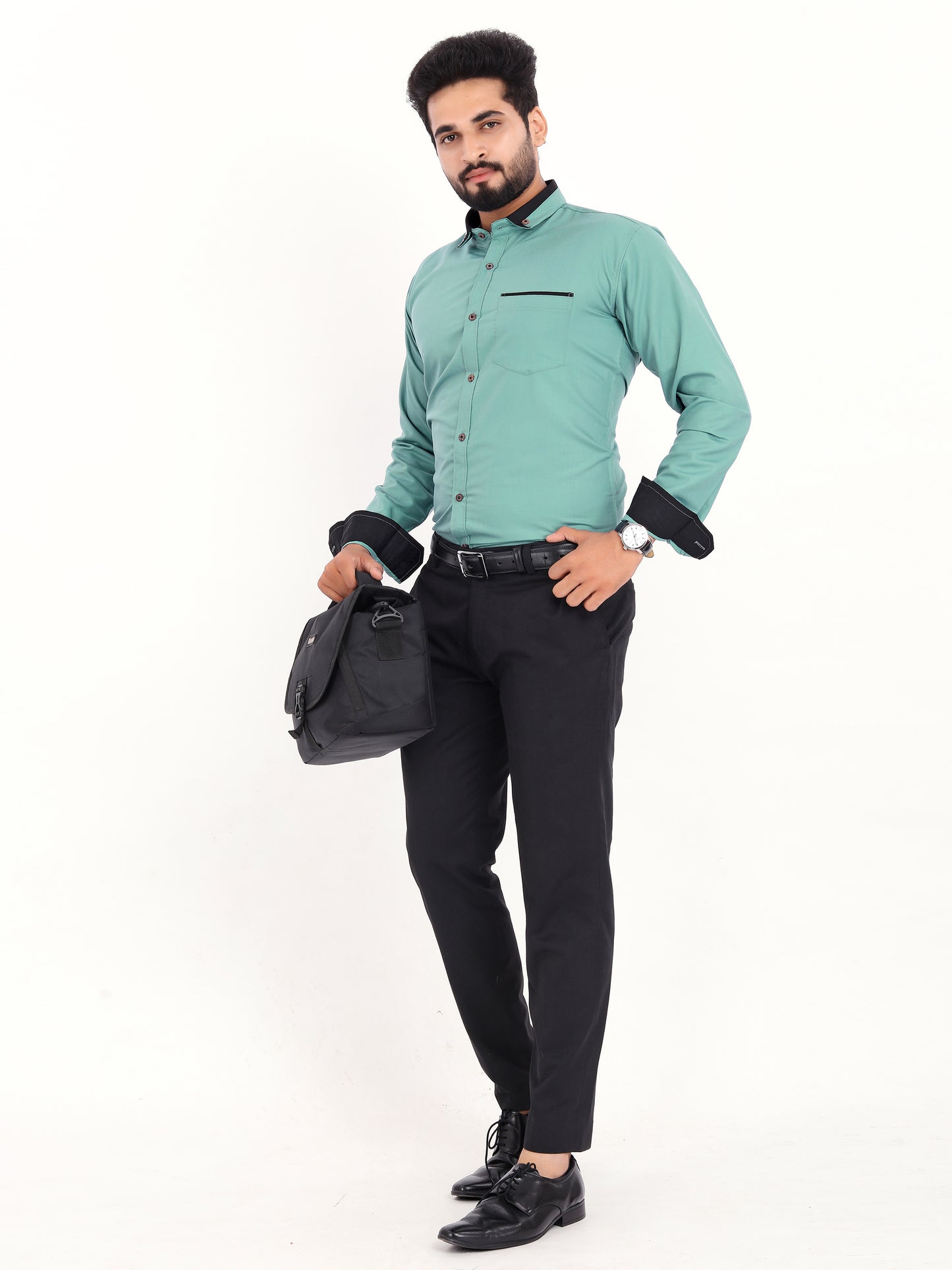 Sea Green Viscose Rayon Solid Pasting Collar Shirt